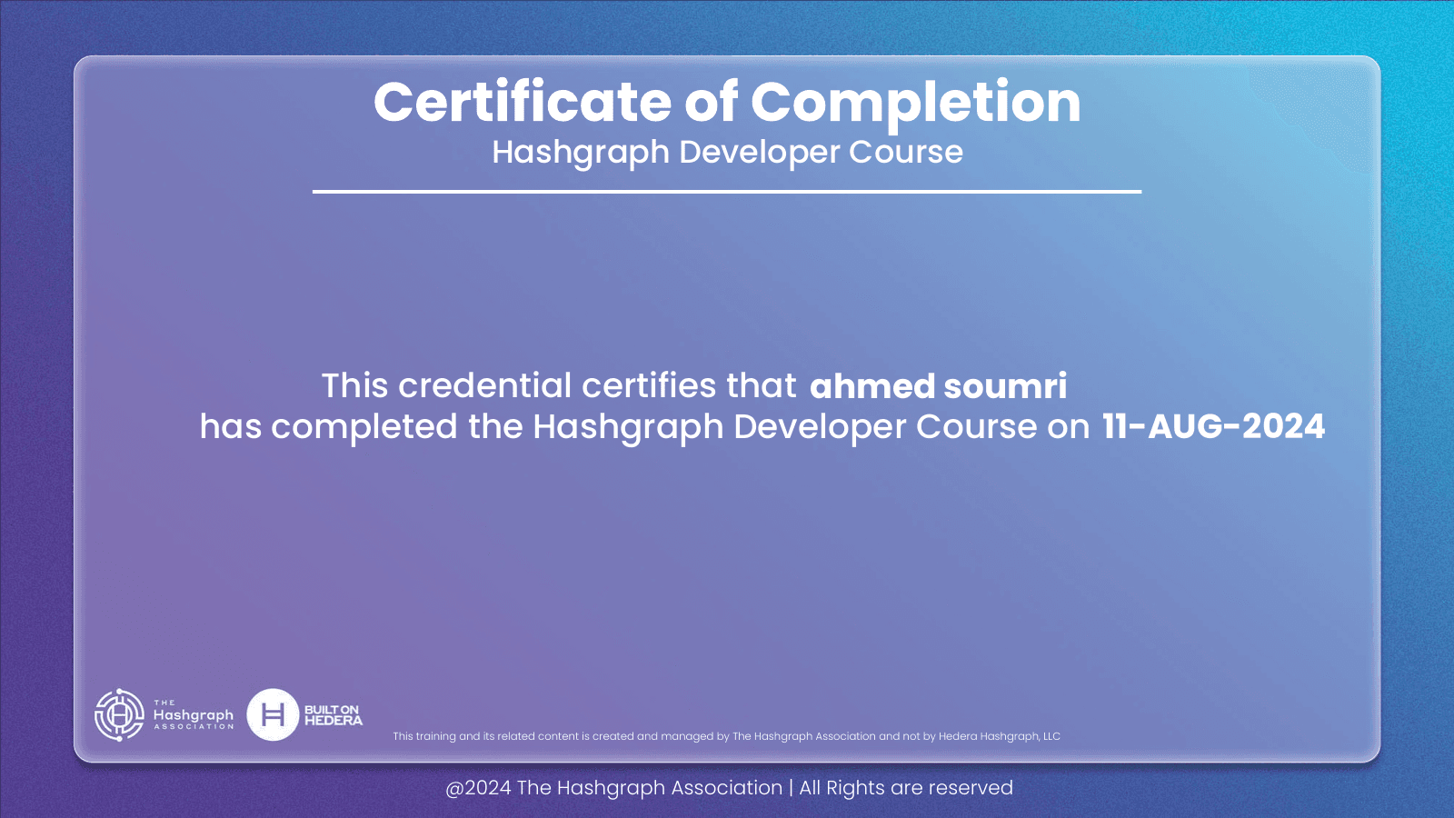Hashgraph Developer Course certificate preview