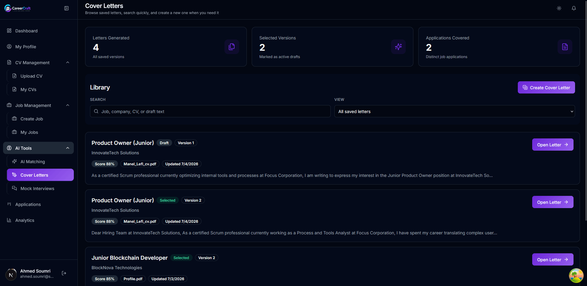 AI-generated cover letters screen with edit and version history.