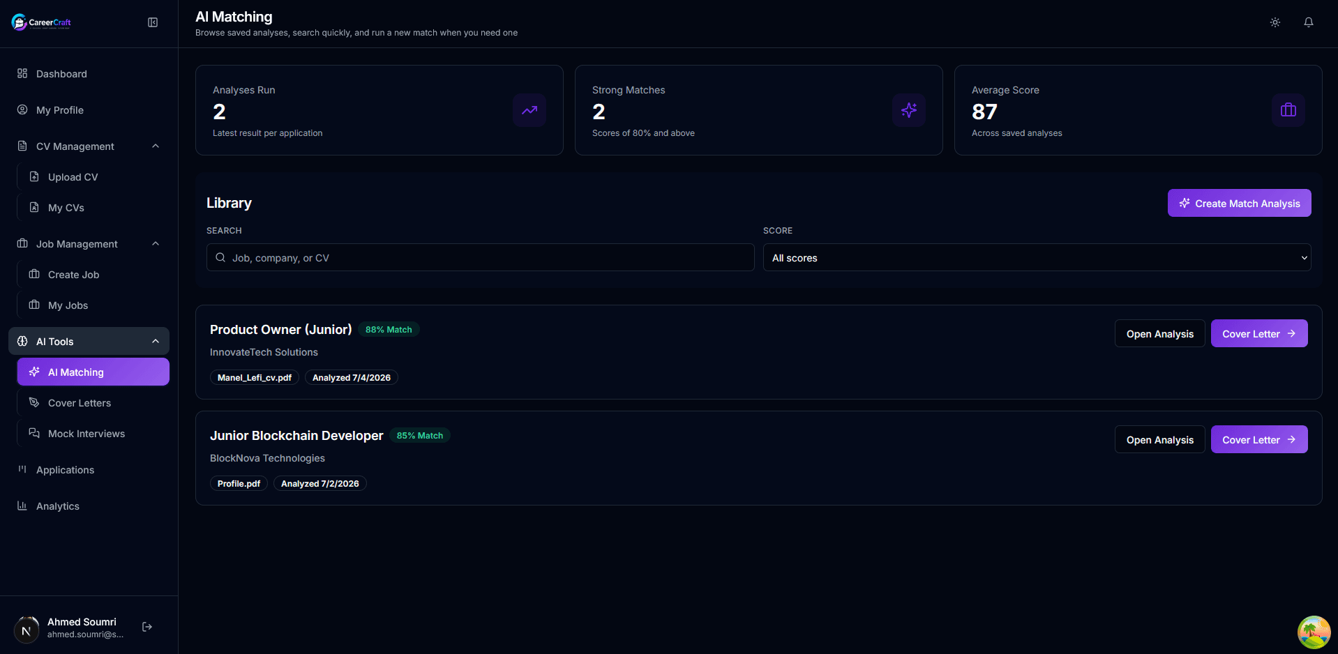 AI match analysis screen scoring CV fit against a job offer.