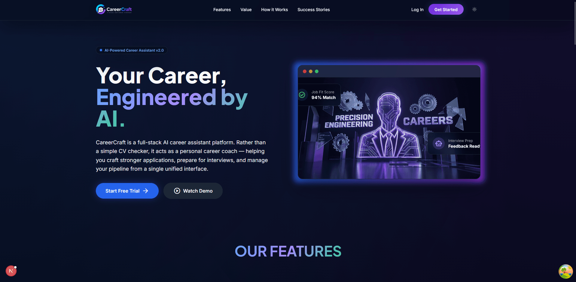 CareerCraft marketing homepage introducing the AI career assistant.