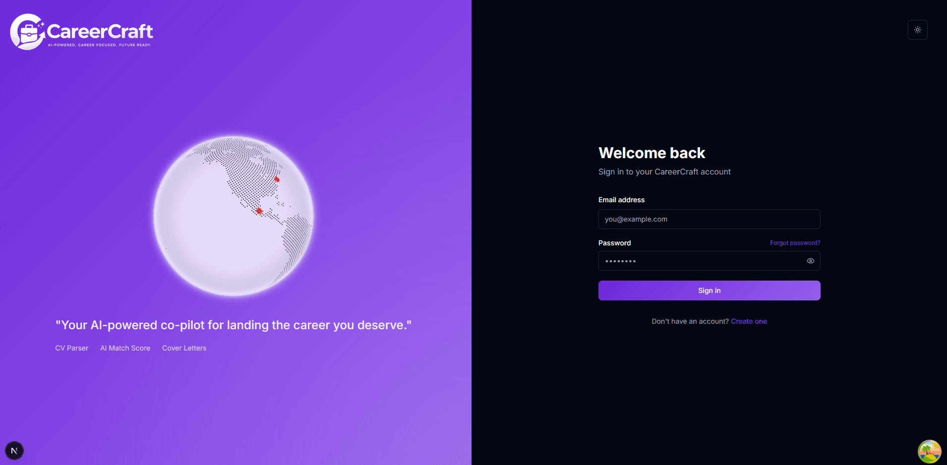 CareerCraft login screen.