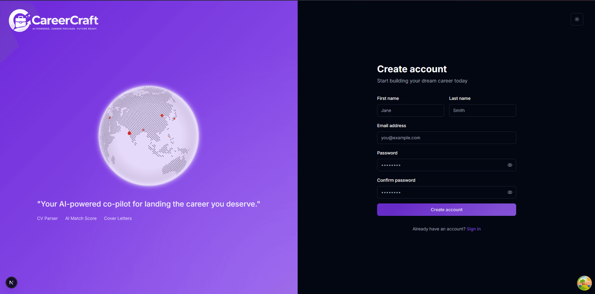 CareerCraft sign-up screen for new candidates.