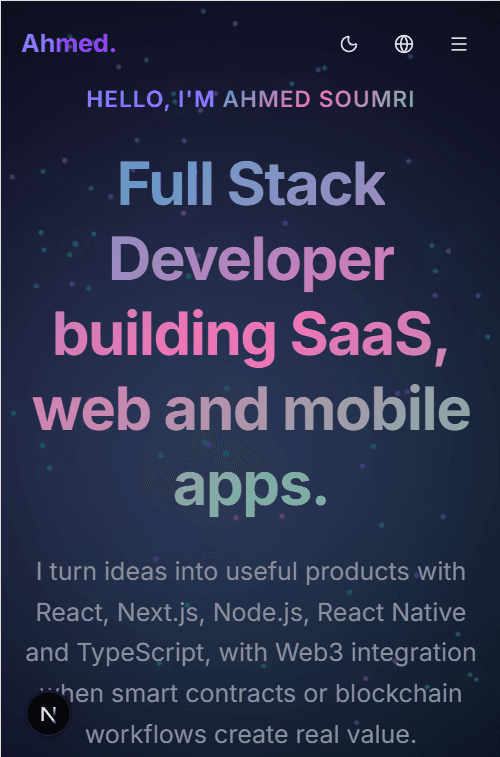 Mobile homepage view of Ahmed Soumri's portfolio.