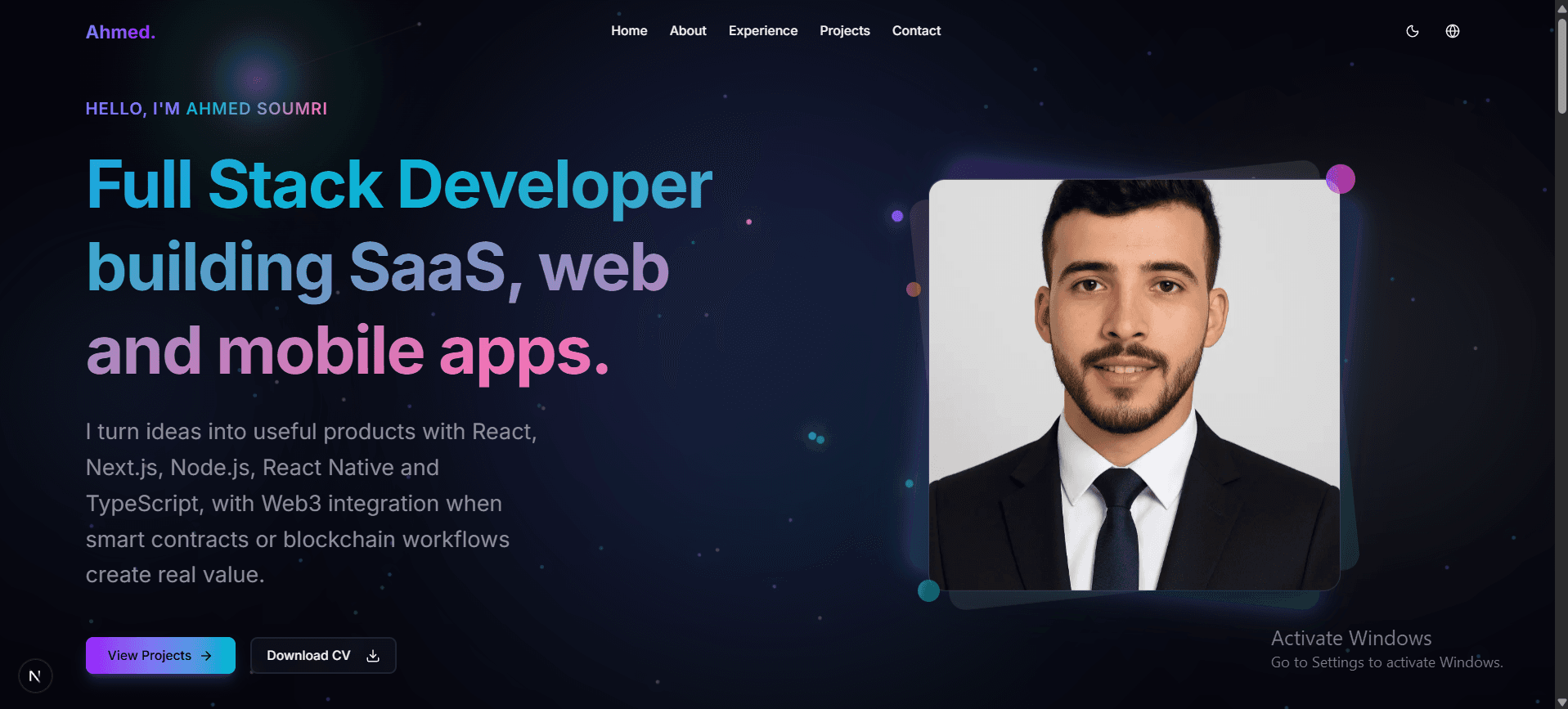 Desktop homepage view of Ahmed Soumri's portfolio.