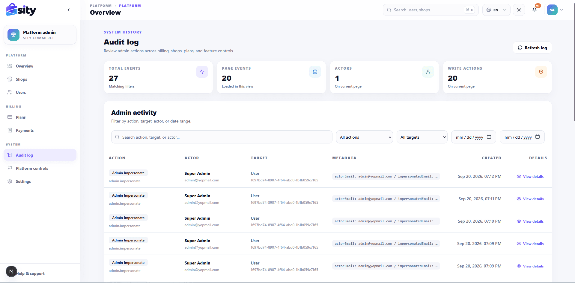 Admin audit log listing platform actions with actor and target.