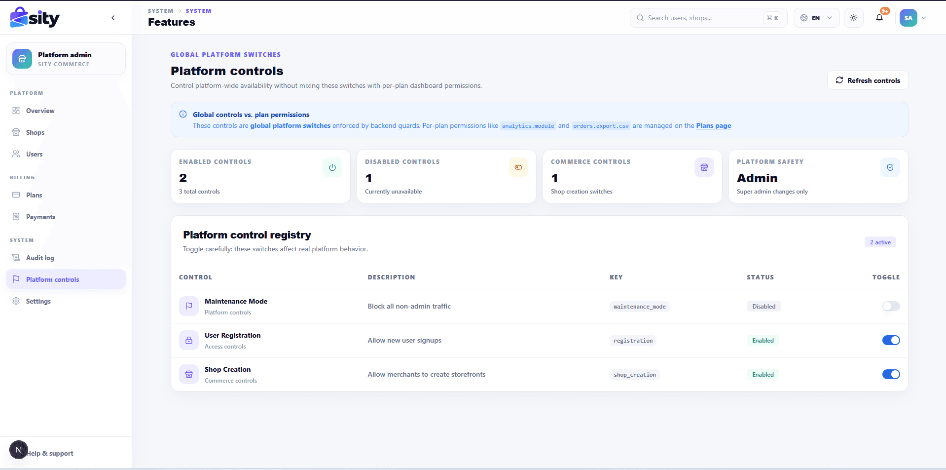 Global platform controls for maintenance mode and feature flags.
