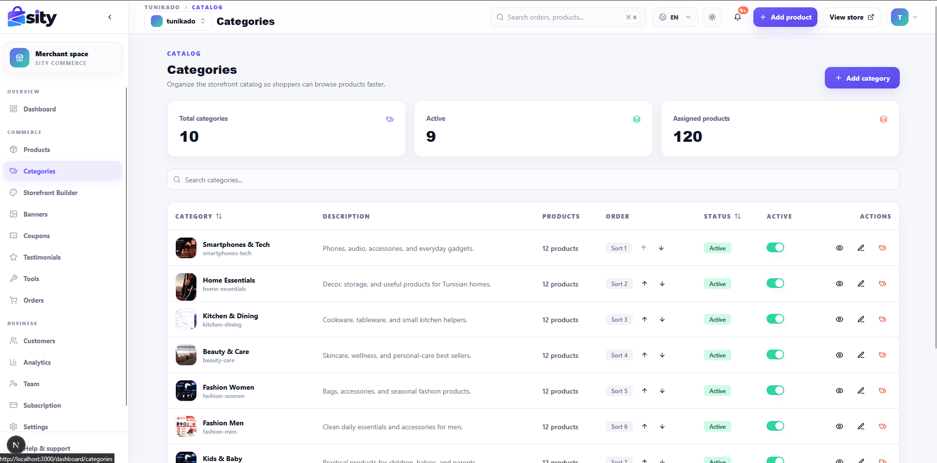 Category management for organizing the storefront catalog.