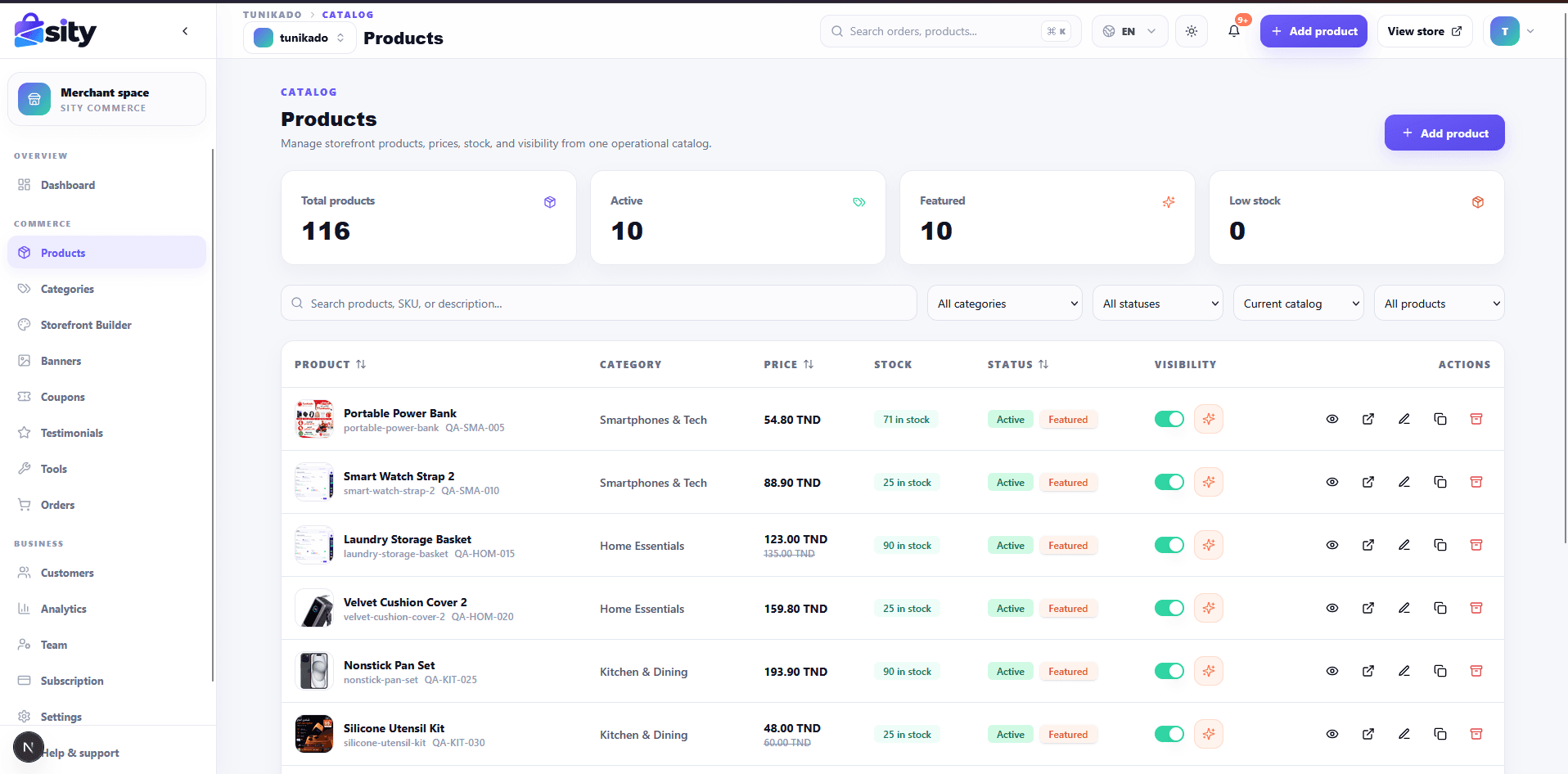 Product catalog management with stock, pricing and visibility controls.