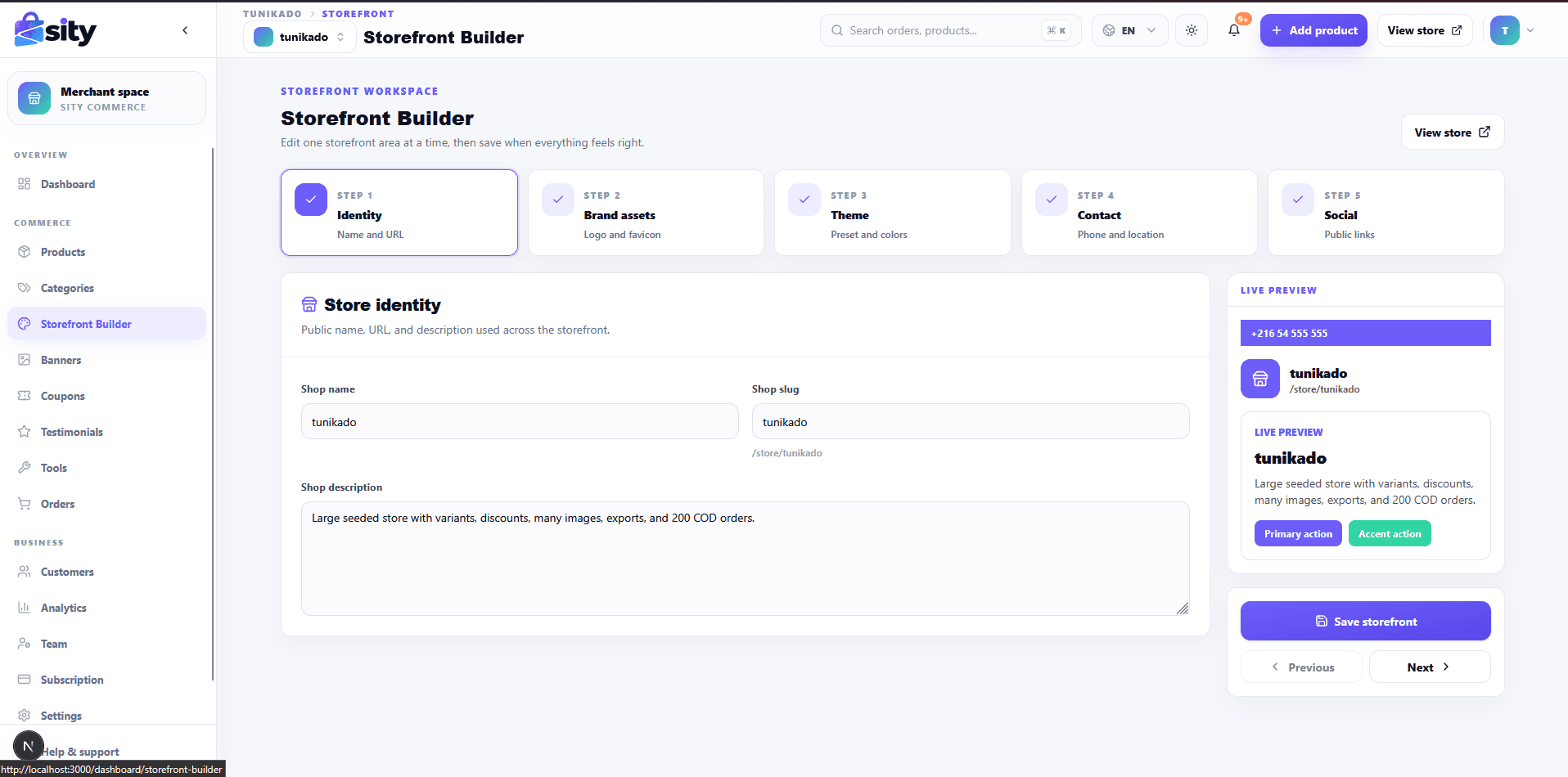 Storefront builder for shop identity, branding, theme and contact info.