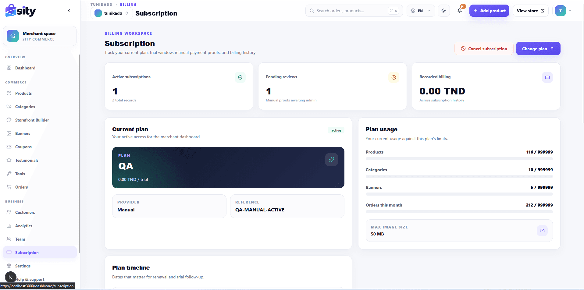 Merchant subscription page with current plan and usage limits.