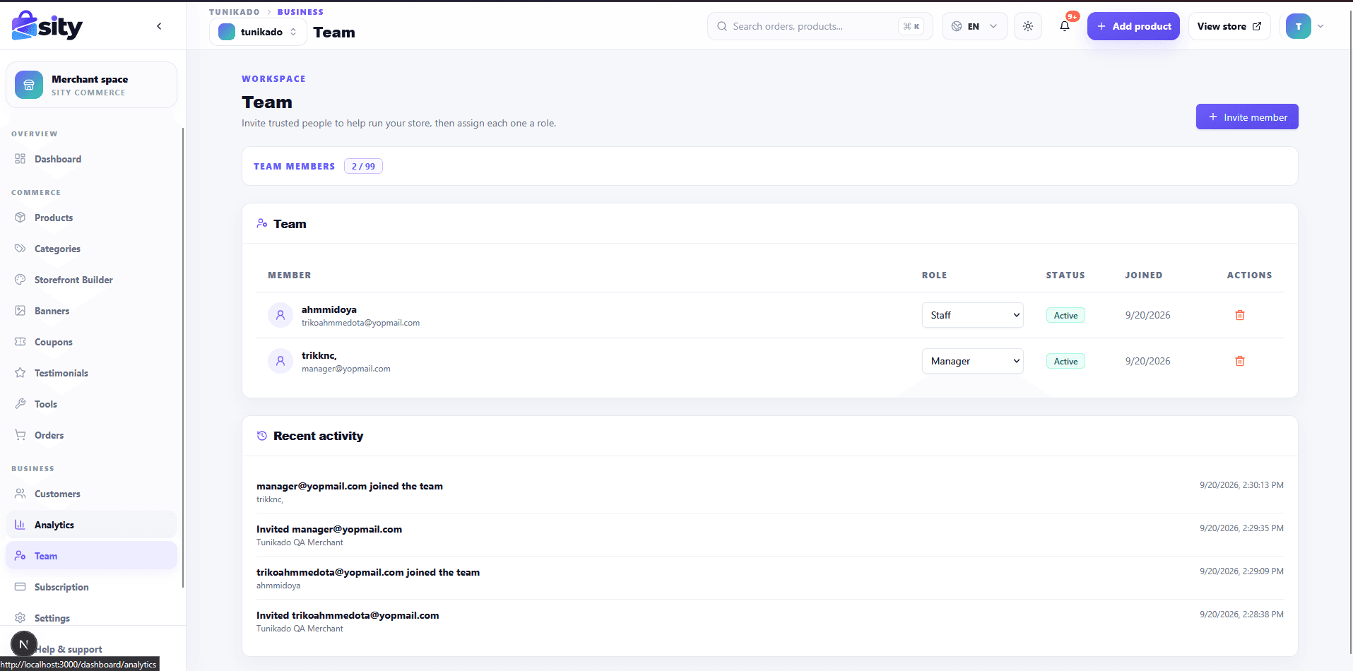 Team management page for inviting staff and managers with roles.