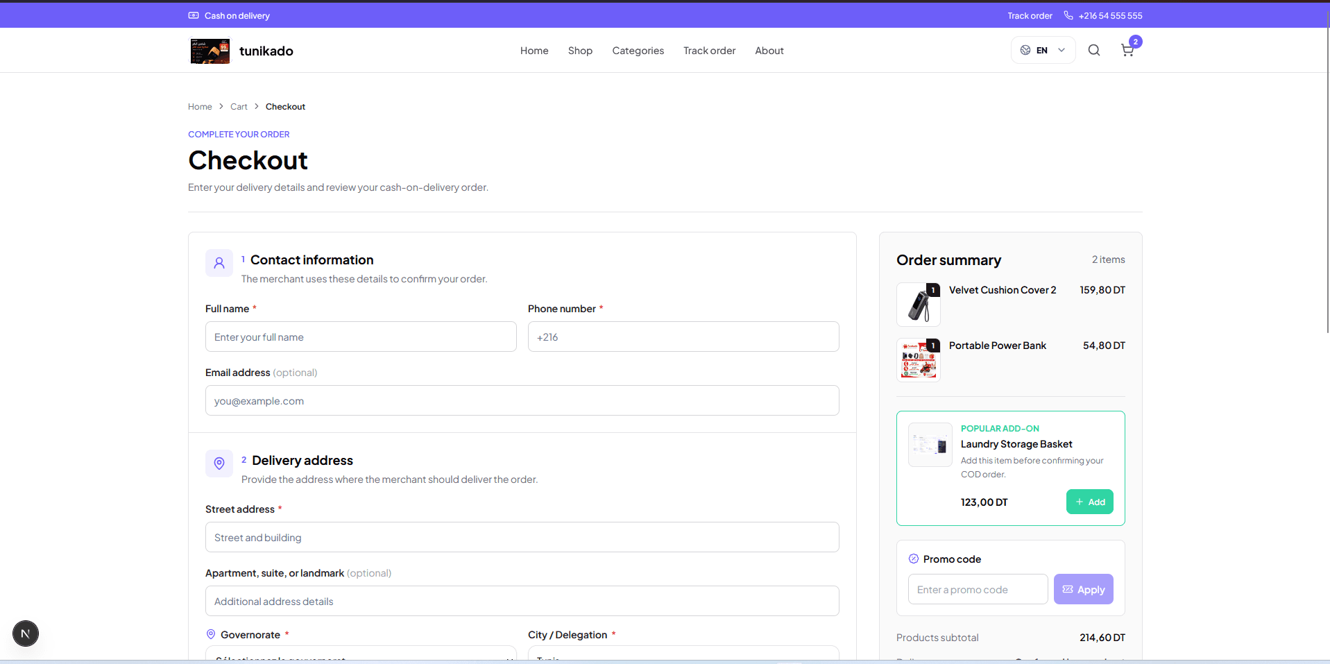 Cash-on-delivery checkout with contact and delivery address form.