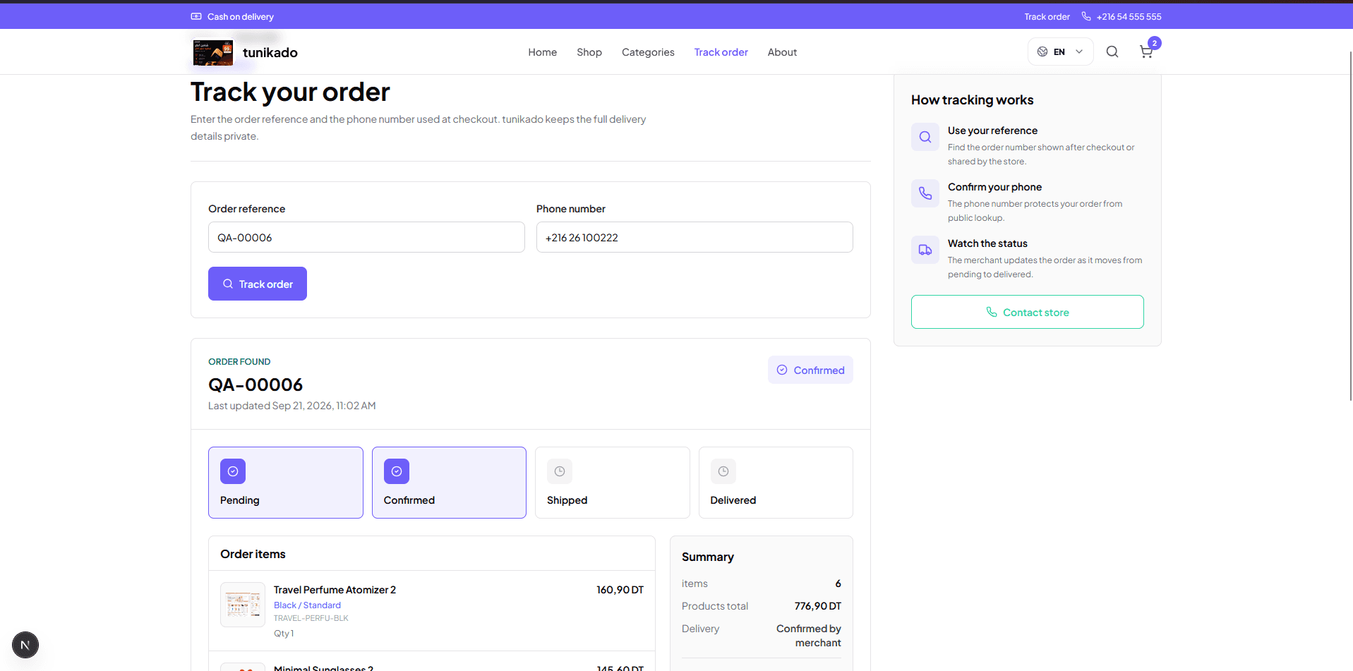 Order tracking page showing status timeline for a customer order.