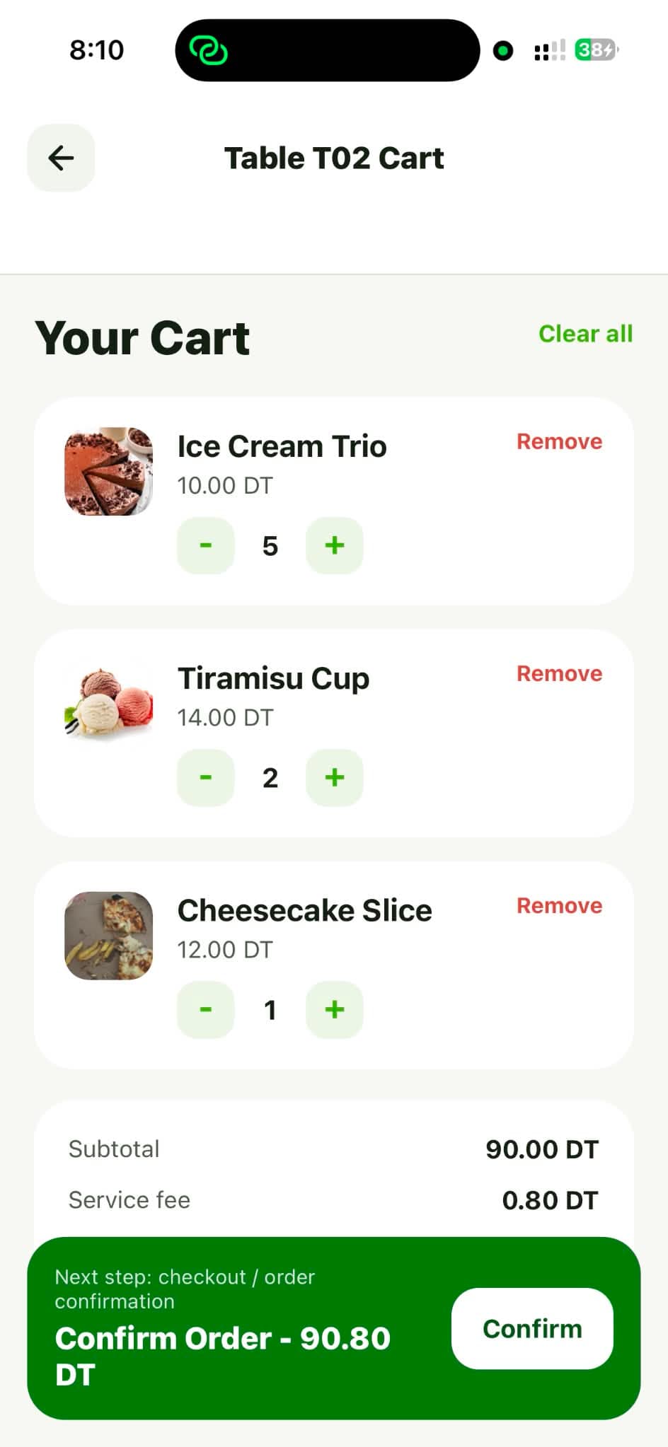Customer cart screen.