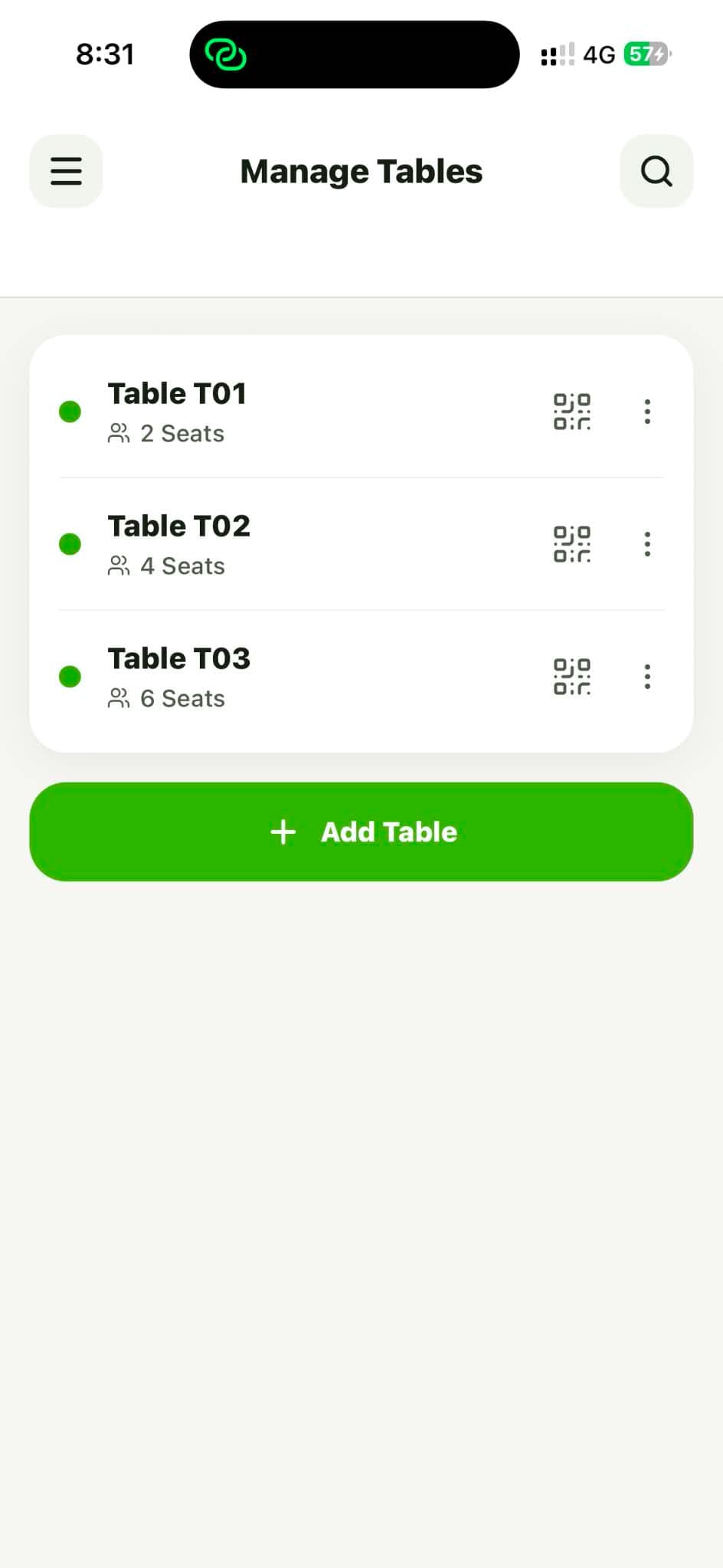 Manager table management screen.