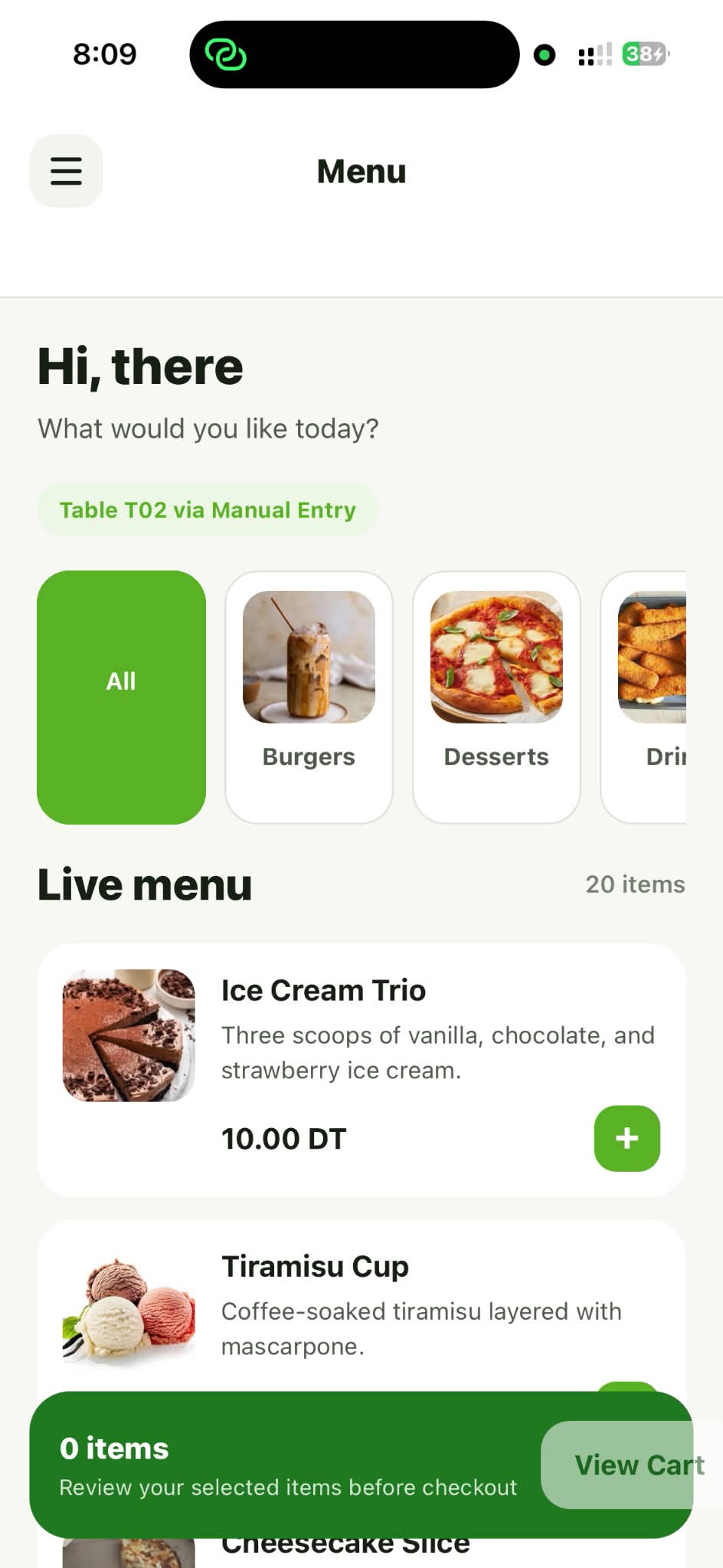 Customer menu screen.