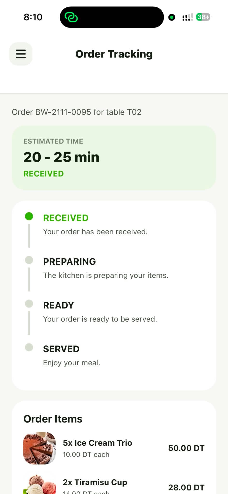 Customer order tracking screen.