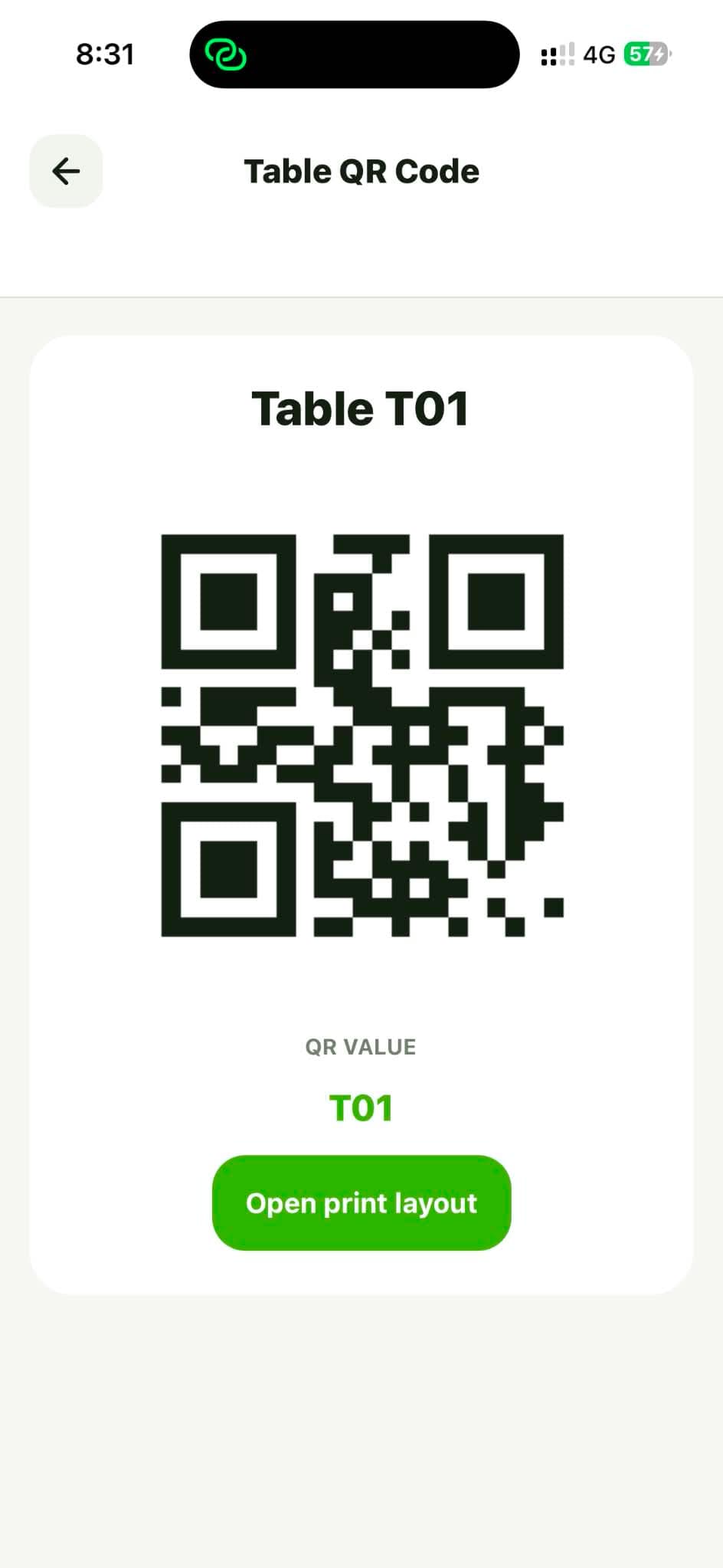 Generated table QR code screen.