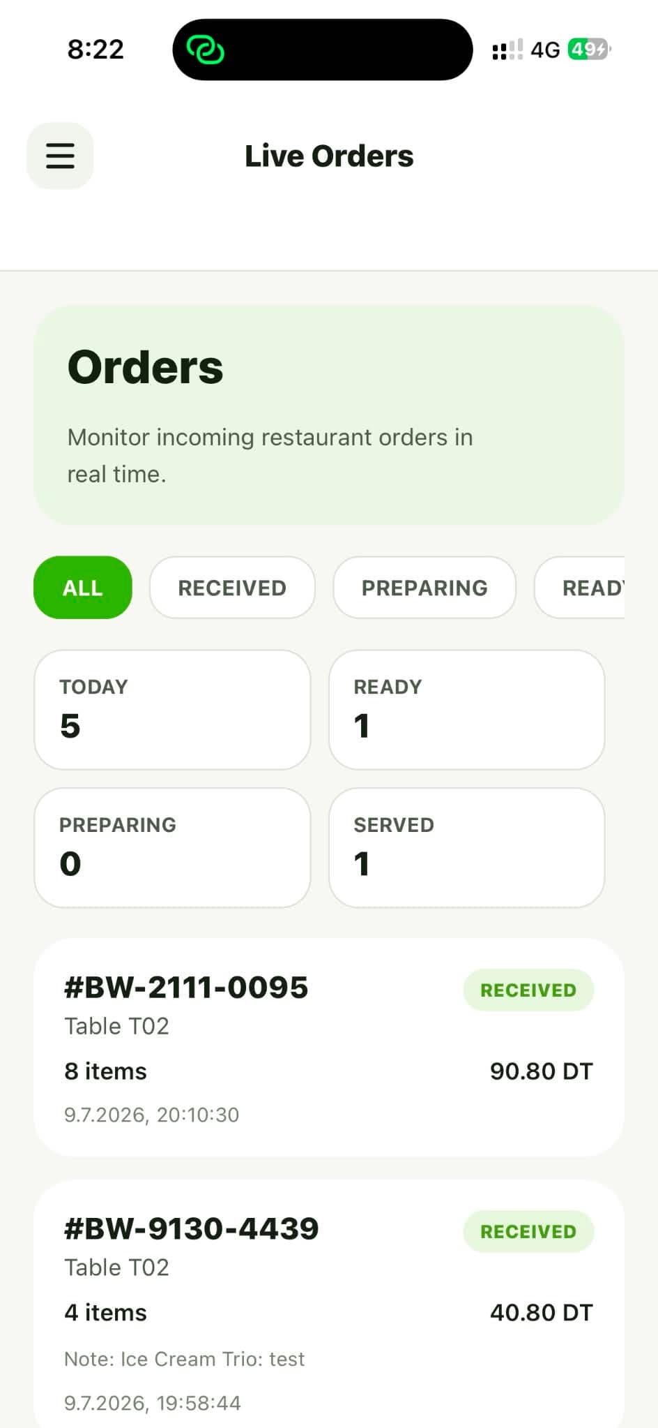 Waiter live orders screen.